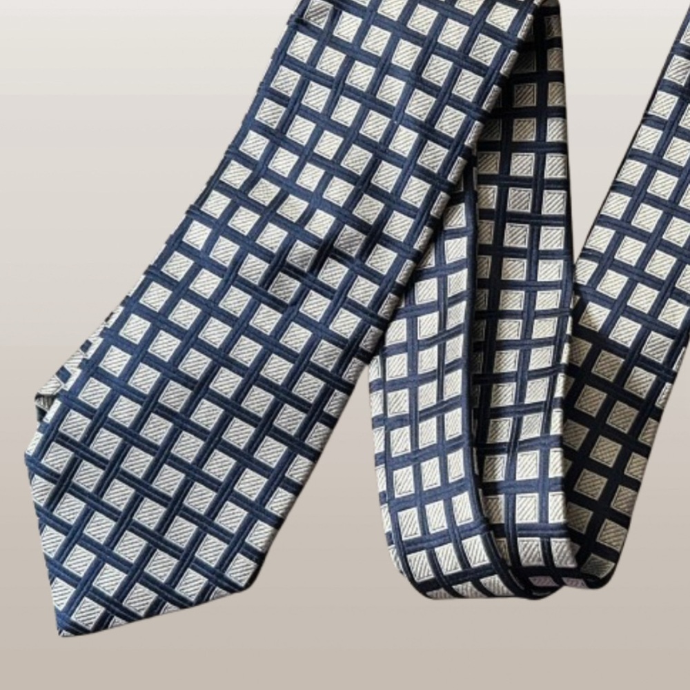 CREMIEUX COLLECTION Handmade Silk Tie •Navy Blue with Gray Squares •USA Handmade